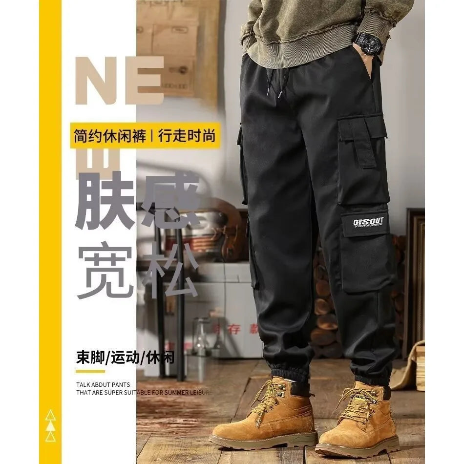2025 New Men Casual Pants Autumn Multi Pocket Sports Pants Khaki Black Green Elastic Waist Pants M-4XL