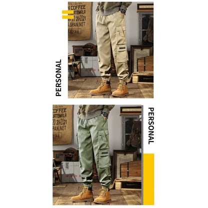 2025 New Men Casual Pants Autumn Multi Pocket Sports Pants Khaki Black Green Elastic Waist Pants M-4XL