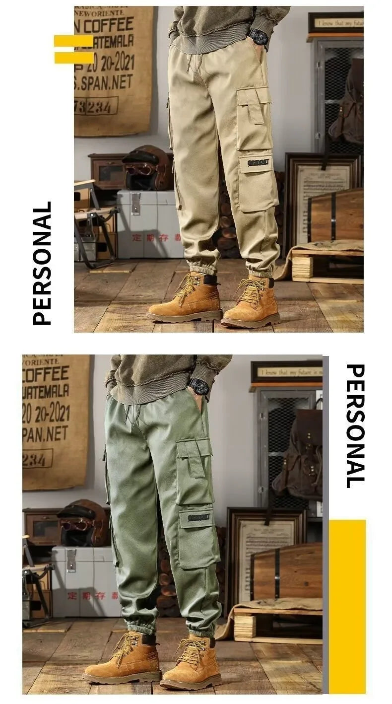 2025 New Men Casual Pants Autumn Multi Pocket Sports Pants Khaki Black Green Elastic Waist Pants M-4XL