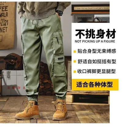 2025 New Men Casual Pants Autumn Multi Pocket Sports Pants Khaki Black Green Elastic Waist Pants M-4XL